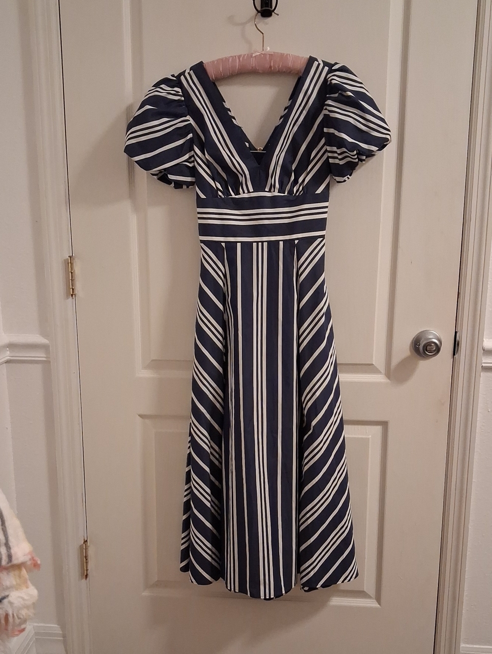 kate spade Navy and White Striped V‑Neck Midi Dress with Puff Sleeves